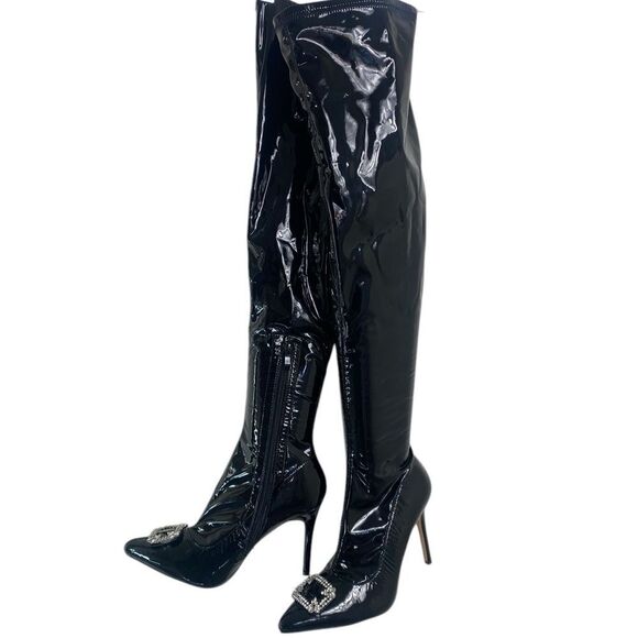 Elegant Black Stiletto over the knee Boots with Rhinestone buckle 9 - Picture 1 of 9